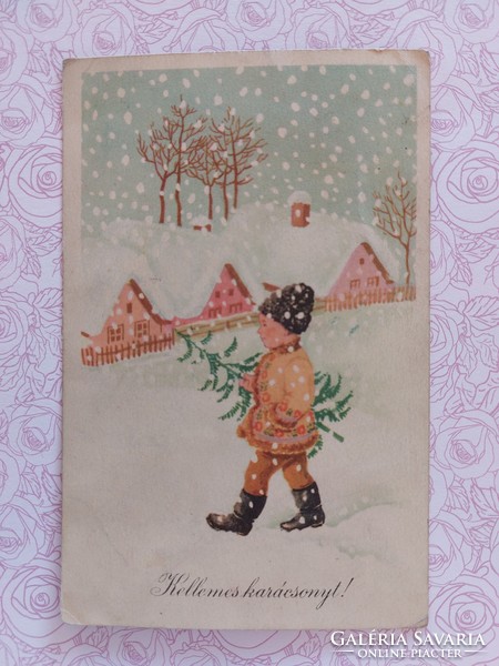 Old Christmas postcard style postcard with little boy falling snow