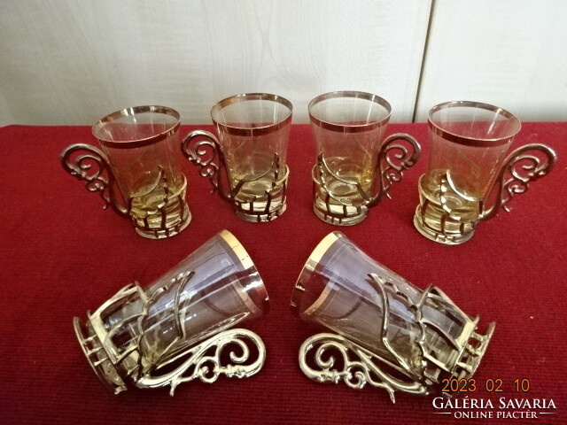 Liqueur glass with a thick base, gold rim, in a gold metal holder, six pieces. Jokai.