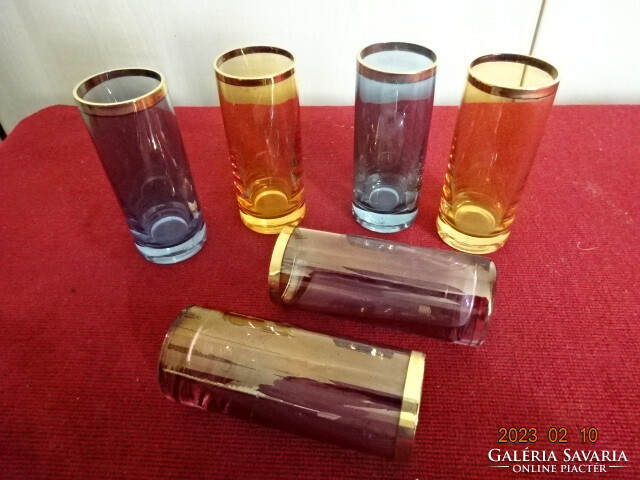 Colored liqueur glass, cylindrical. Six pieces. Gold border. Jokai.