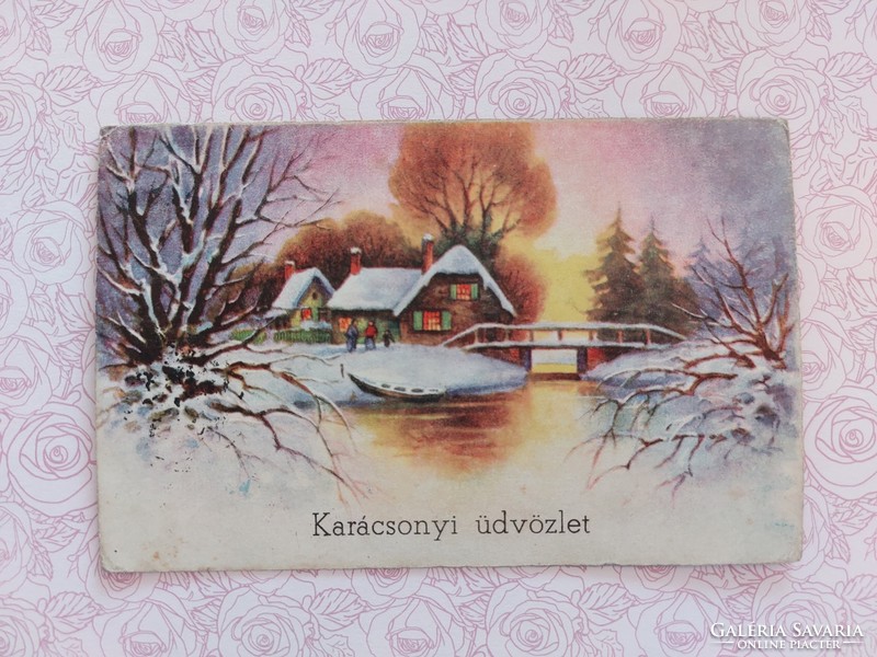 Régi karácsonyi képeslap levelezőlap havas tájkép