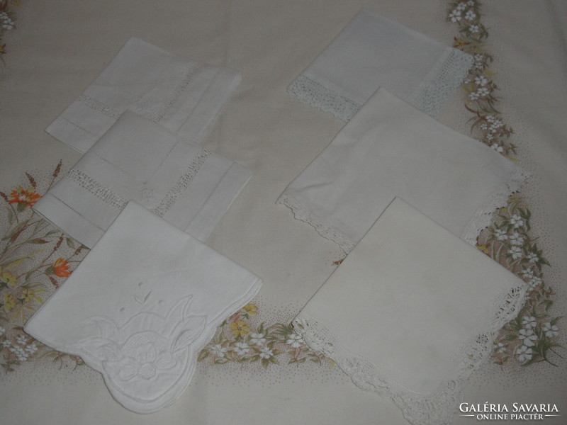 Old white handmade embroidered handkerchief with lace border (6 pcs.)