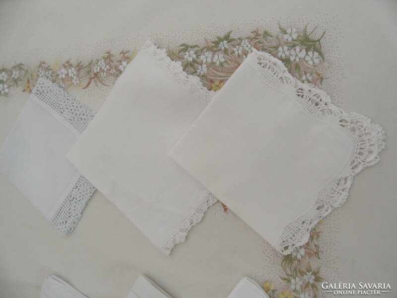 Old white handmade embroidered handkerchief with lace border (6 pcs.)