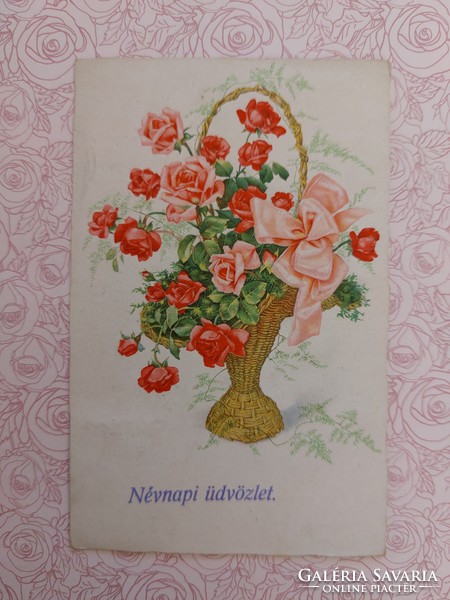 Régi virágos képeslap 1951 levelezőlap rózsakosár