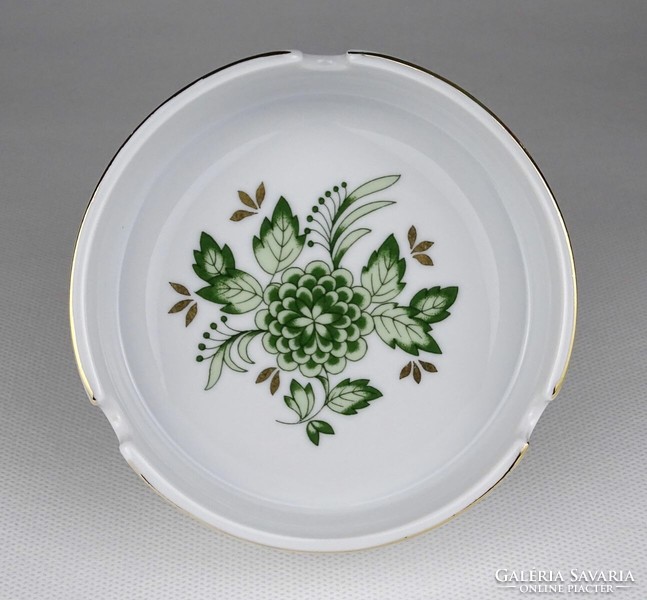 1L824 Zöld virágmintás Hollóházi porcelán hamutál 10.5 cm