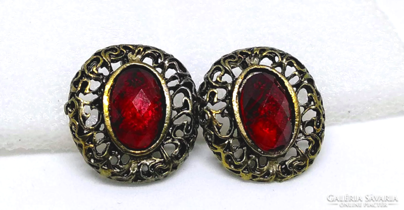 Filigree bronze oval earrings with large faceted ruby red crystal 67