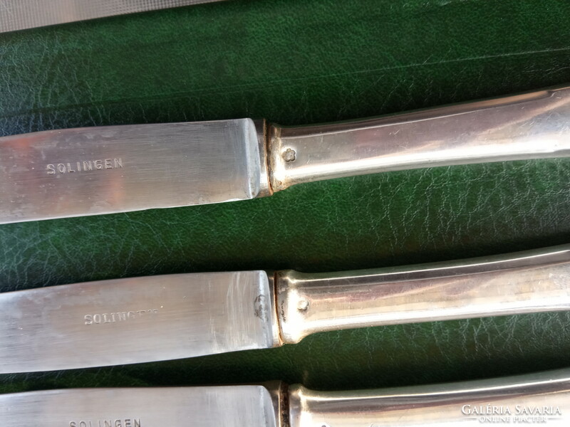 Antik ezüst kés készlet 6 db angol fazon Art Deco  Dianas 800-as ezüst,  ezüst díszmű Solingen penge