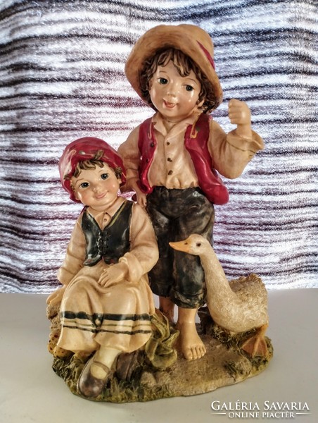 Vintage német szobrocska - libapásztor gyerekek