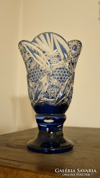 Kék csiszolt üveg kristály váza 16 cm