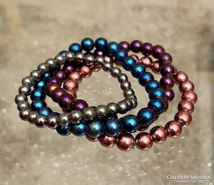 Dark blue, purple, mauve, dark gray, red, silver, rainbow colored hematite unisex mineral bracelet