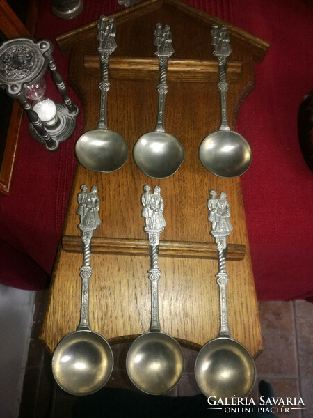 6 decorative pewter spoons in a wall holder - a wedding gift according to German custom