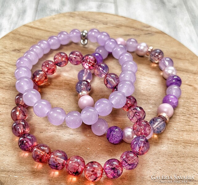 3 tekla and glass bead bracelets - purple
