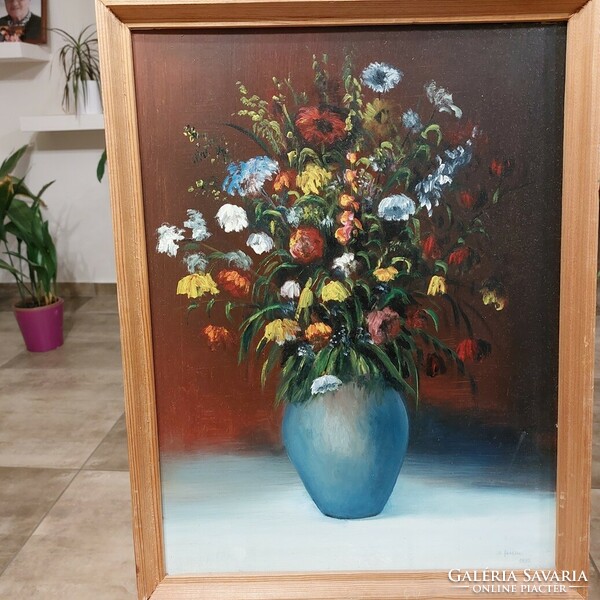 (K) signed flower still life painting with frame 41x54 cm