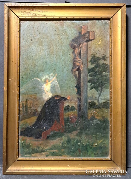 Old sacred oil painting - Jesus on the cross - size with frame 47x33.5 cm