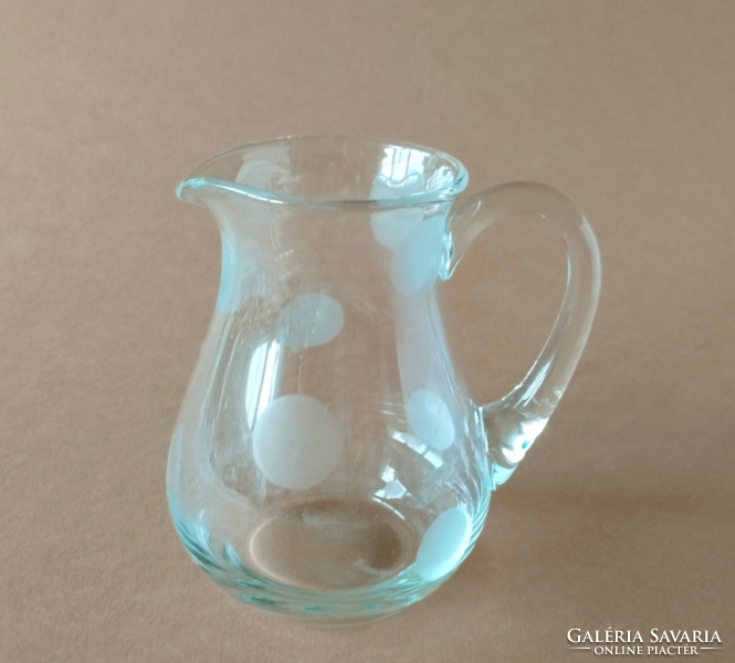 Old huta glass small jug, spout with etched polka dot pattern