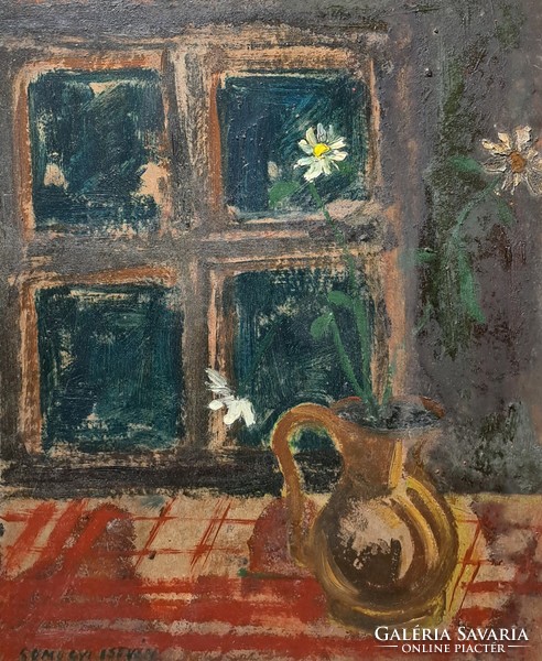 István Somogyi (1930-1998): still life with a window - size with frame 58x48 cm