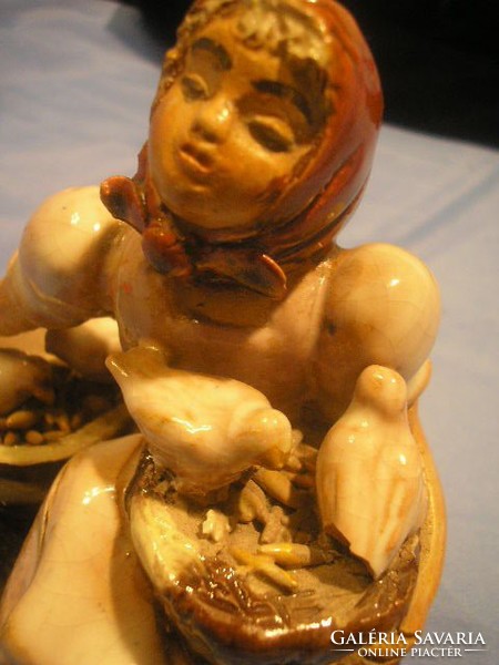 N16 Csefalvay art deco ceramic majolica sculpture group of girl with pigeons for sale to be restored