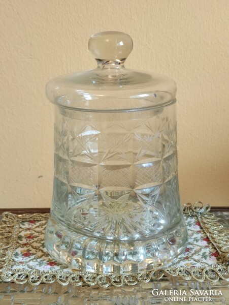 Csiszolt fedeles ólom üveg tároló hibátlan antik konyhai kiegészítő