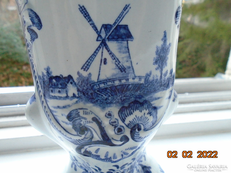 19th century vase with rich hand-painted cobalt blue patterns, relief pattern with landscape