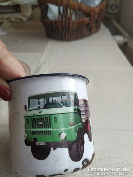 Retro enameled truck mug for sale!