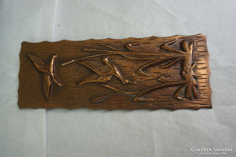Decorative copper casting with reed birds for sale.