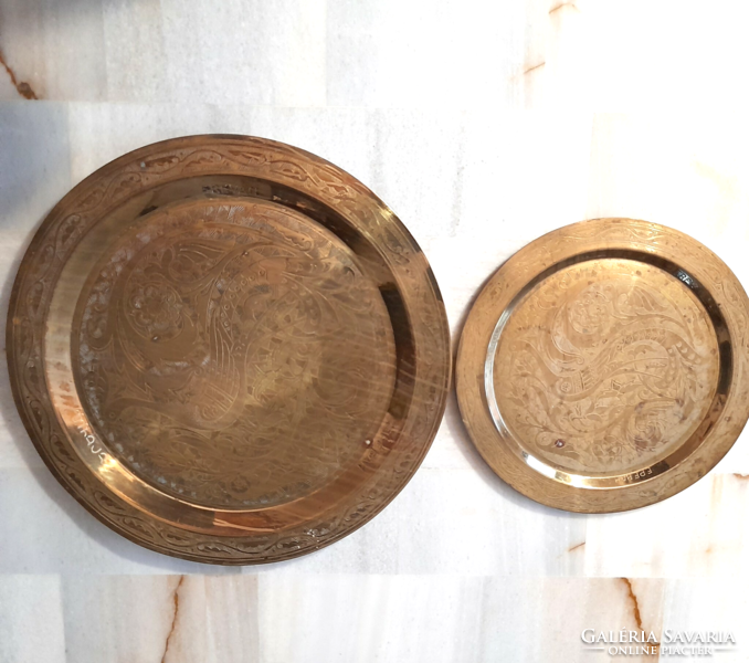 Vintage brass serving trays, hand-etched, Peacock pattern from Armenia