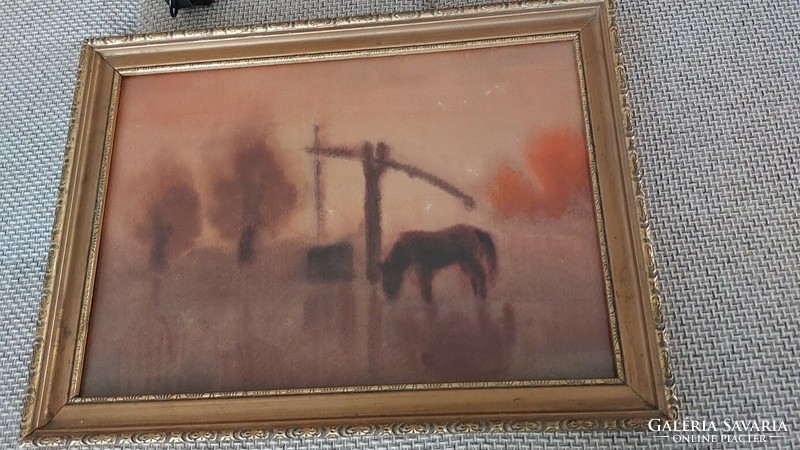 (K) Tájkép festmény gémeskúttal, lóval 49x37 cm kerettel, akvarell