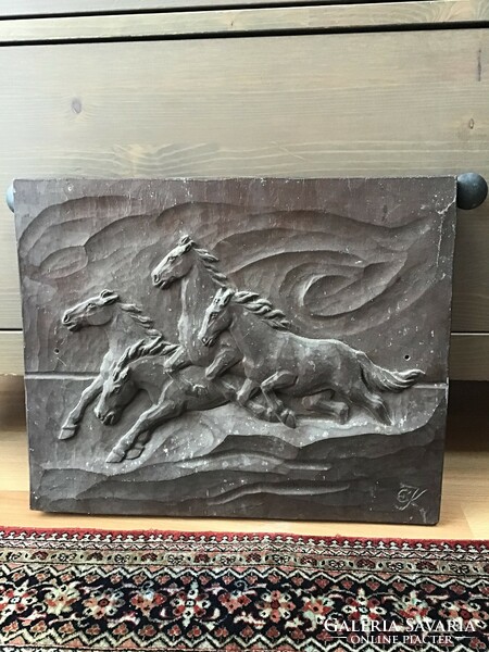 Old marked massive aluminum equestrian mural
