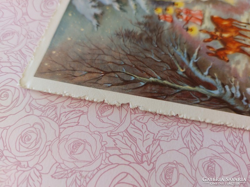Régi karácsonyi képeslap levelezőlap őzikék angyalkák
