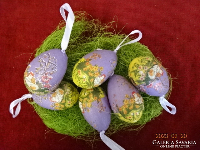 Húsvéti tojás tyúkanyó mintával, lila, magassága 6 cm. Hat darab. Jókai.