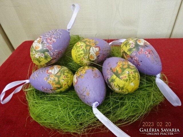 Húsvéti tojás tyúkanyó mintával, lila, magassága 6 cm. Hat darab. Jókai.