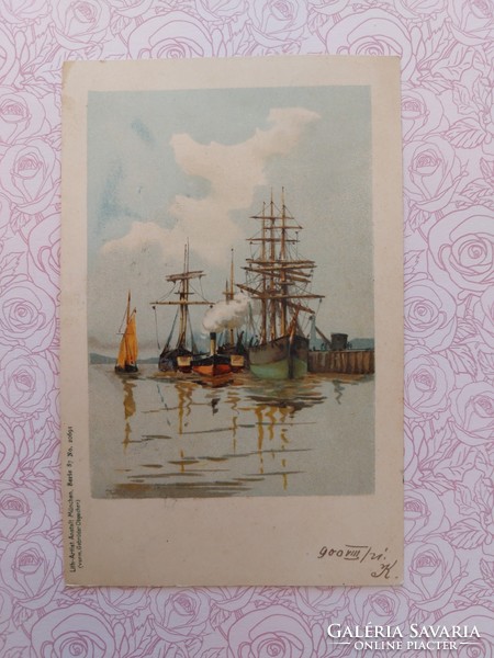 Old postcard 1900 postcard sea ship harbor
