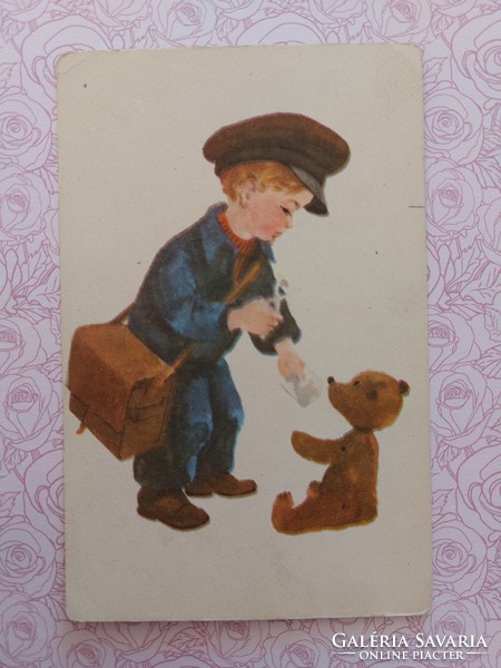 Old postcard style postcard with teddy bear little boy