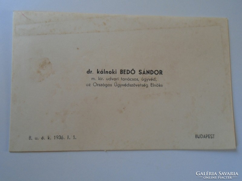 Za418.8 Dr. Sándor Kálnoki Bedő President of the National Lawyers Association business card 1930's