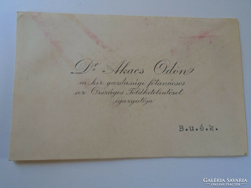 ZA418.10 Dr. Akacs Ödön  az Országos Földhitelintézet ügyv. igazgatója névjegykártya 1930's