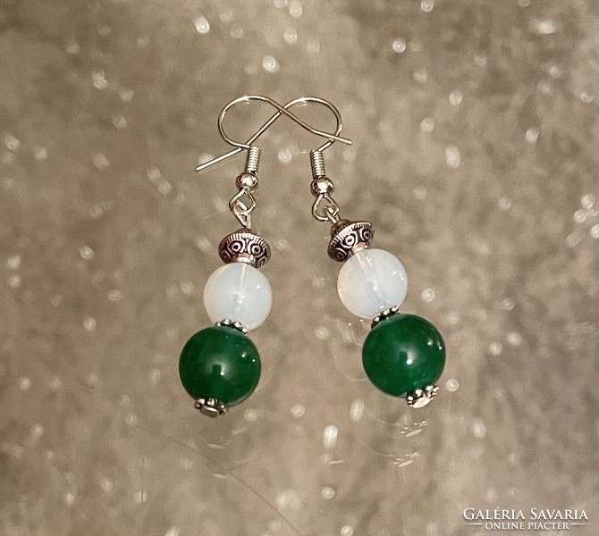 Canadian dark green jade and opalite mineral earrings with antique silver decoration