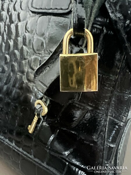 Birkin-style Italian, crocodile-pattern patent black leather bag