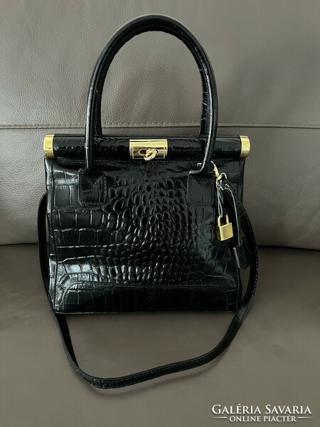 Birkin-style Italian, crocodile-pattern patent black leather bag
