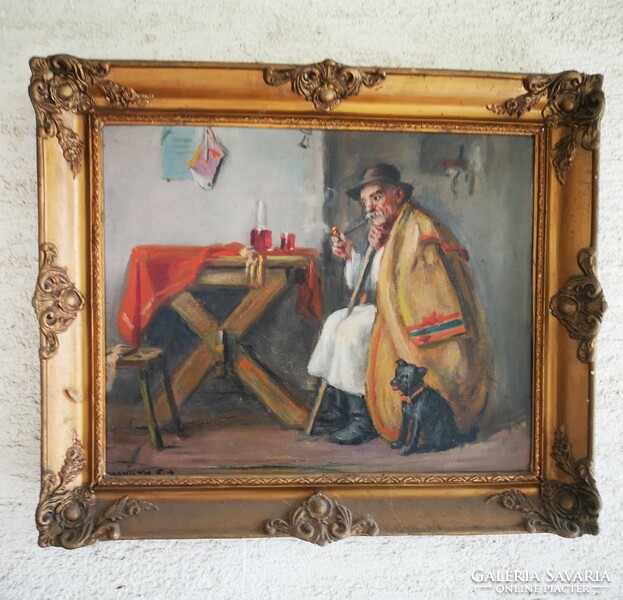 Antique interior wine drinker pipe smoking peasant man in the pub marked in the pub Croatian g. Andrew