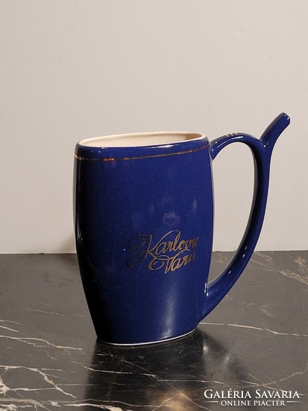 Old cobalt blue porcelain cup karlovy vary 13cm gilded inscription - souvenir cup bath cup cure cup