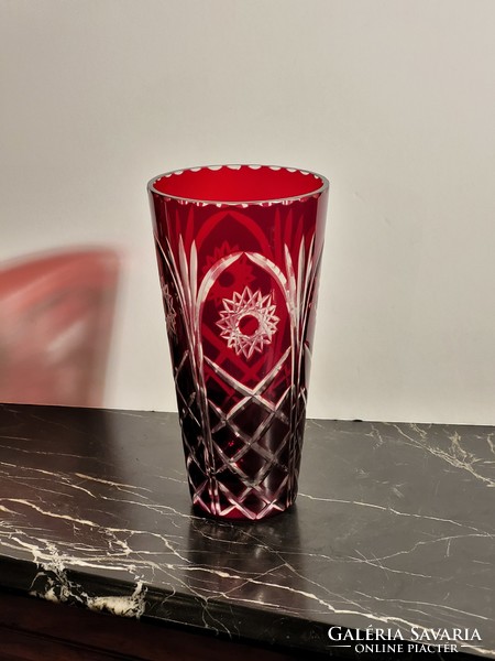 Polished crimson red crystal vase 20cm -- lead crystal vase crimson red red burgundy