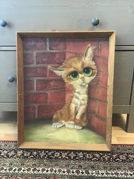 Old hand-painted cat oil painting in wooden frame, on canvas