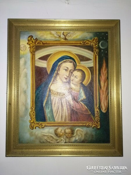 Madonna gyermekkel nagy kép, olaj festmény széles aranyszínű keretben
