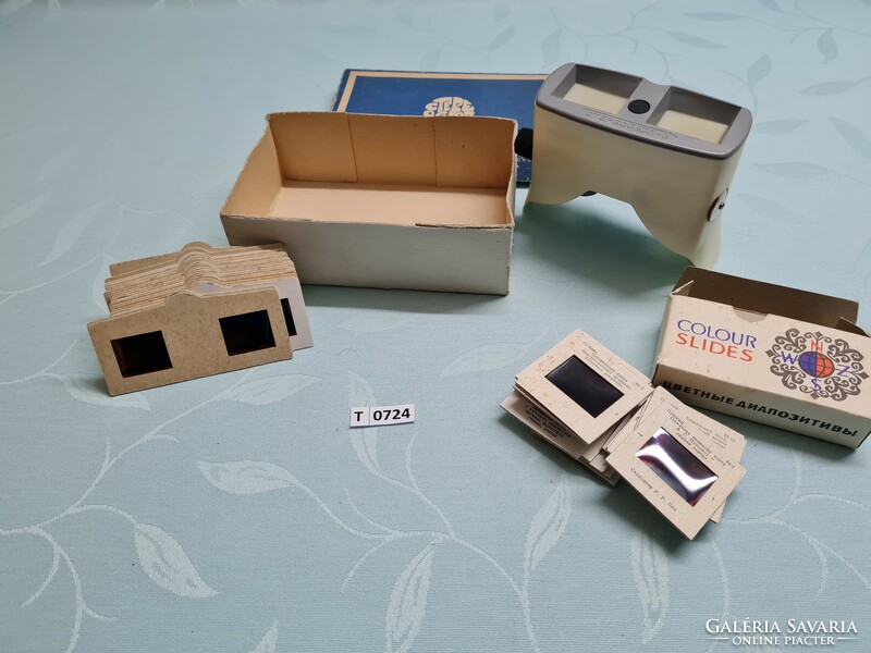 T0724 retro stereoscope Russian 3D slide viewer with 45 slides