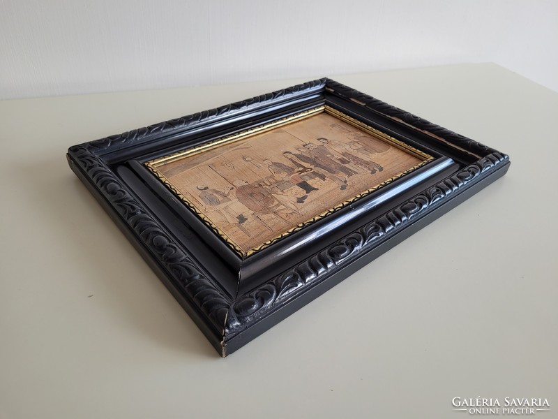 Old 2 framed woodcut wall pictures in a vintage marked marquetry picture frame