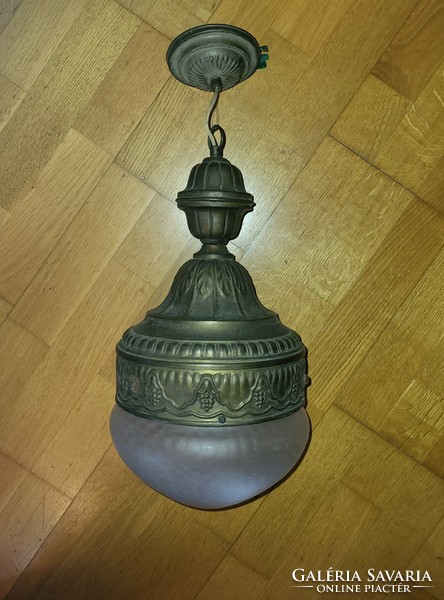 Ceiling hanging lamp, copper chandelier, with original scaly glass shade