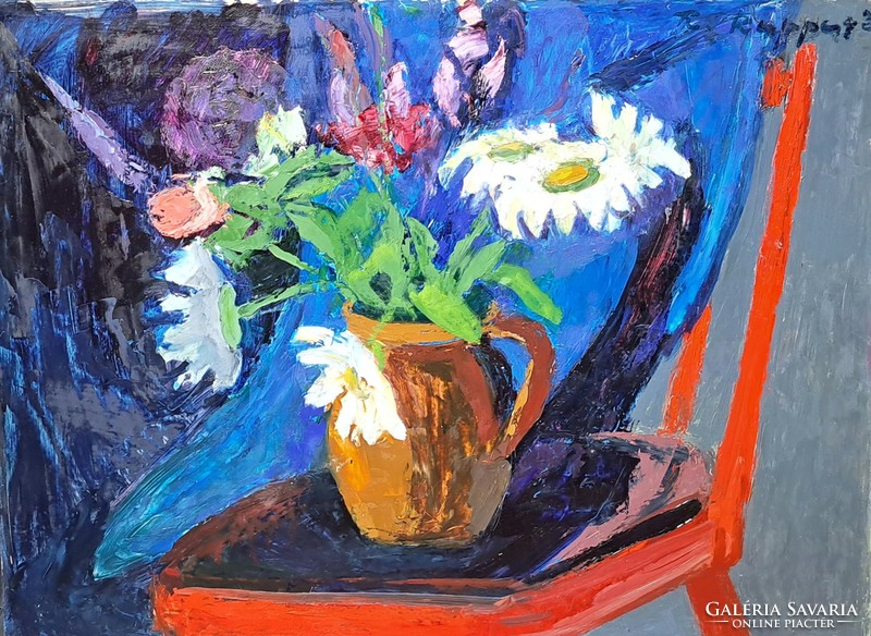 Ruppert Zsuzsa: Csendélet (olaj, farost, 60x80 cm) képcsarnokos festmény, virágcsendélet