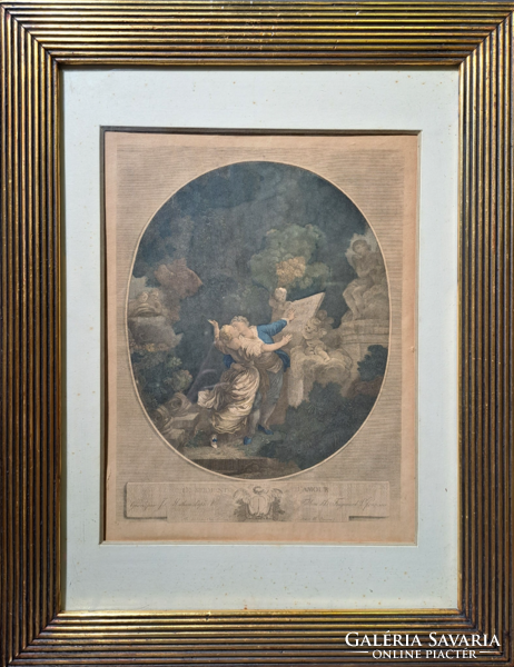 A szerelem esküje - antik rézmetszet - rokokó életkép Fragonard (1732-1806) festménye után