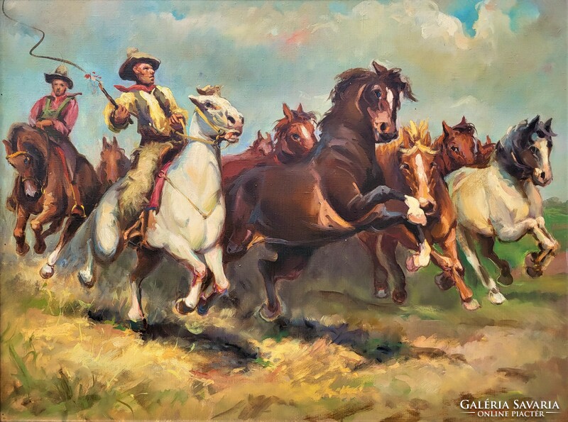 Painter János Baukó (1936– ) painting foals herding stallions 92x72cm with original guarantee!