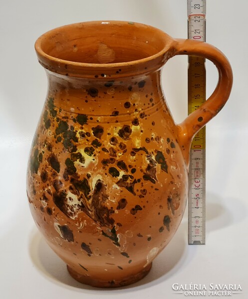 Popular, splattered dark brown, green, white glaze spots, light brown glazed ceramic milk jug (2541)
