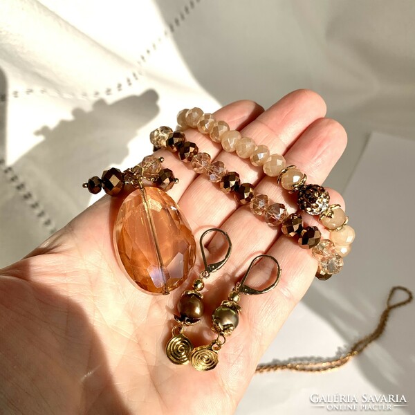 Vintage swarovski crystal jewelry set: 2 bracelets, earrings, long copper necklace jewelry set